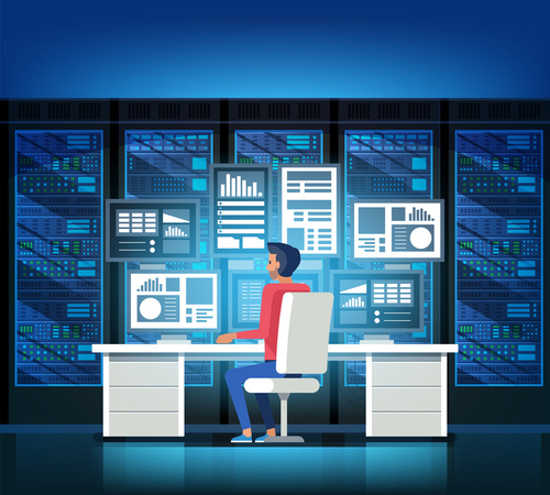 Illustration d'une personne travaillant sur un ordinateur dans une salle des serveurs
