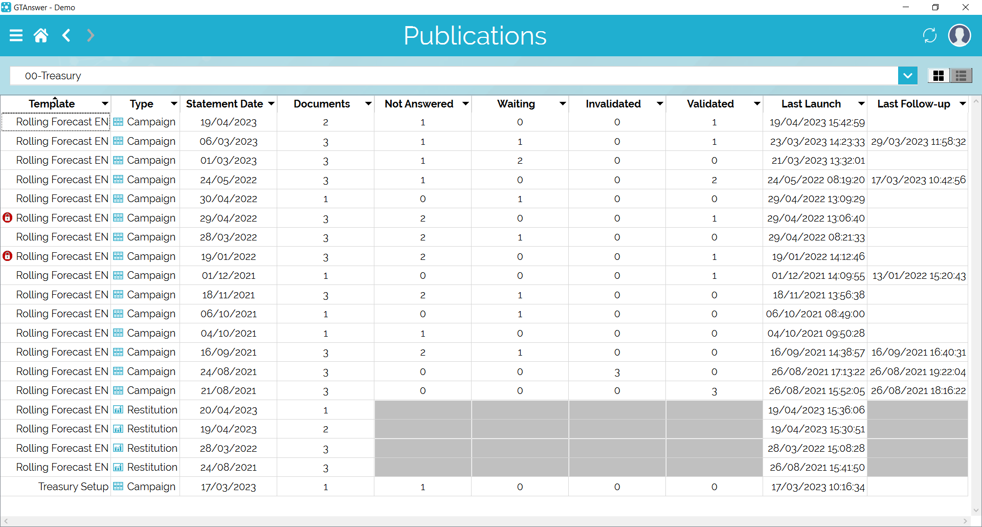 Publications en mode liste dans l'interface 2023